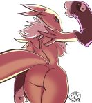  2018 anthro armwear big_breasts big_butt black_nose black_sclera blue_eyes breasts butt butt_pose clothing digimon digimon_(species) elbow_gloves female fingerless_gloves flexing fluffy fluffy_tail frown fur gloves ineffective_clothing looking_at_viewer looking_back mostly_nude multicolored_fur phantomthepencil portrait pose rear_view renamon side_boob signature simple_background small_waist snout solo standing tail_aside thick_thighs three-quarter_portrait white_background white_belly white_fur wide_hips yellow_fur yellow_tail 