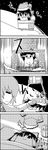  4koma bag bow box chimney closed_eyes comic commentary fake_facial_hair fake_mustache futon gift gift_box greyscale hair_bow hair_tubes hakurei_reimu hat highres holding kazami_yuuka medicine_melancholy monochrome multiple_girls santa_hat sleeping smile snow snowing tani_takeshi touhou translated yukkuri_shiteitte_ne 