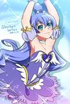  1girl 2014 armpits arms_up ballerina bare_shoulders blue_background blue_eyes blue_hair blue_skirt brooch character_name cosplay cure_princess cure_princess_(cosplay) cure_royal_(0417nao) dated hair_bun happinesscharge_precure! jewelry long_hair magical_girl original precure skirt smile solo wrist_cuffs 