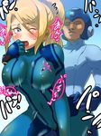  1boy 1girl artist_request bent_over blonde_hair blue_eyes blush bodysuit boris_(noborhys) clothed_sex hetero metroid one_eye_closed ponytail rockman rockman_(character) rockman_(classic) samus_aran sex super_smash_bros. vaginal zero_suit 