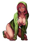  all_fours bikini breasts cleavage green_eyes hood hoodie large_breasts long_hair nail_polish open_clothes open_hoodie open_mouth original red_hair sandals simple_background solo swimsuit twinpoo white_background 