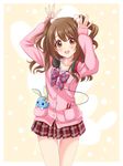  :d arms_up bad_id bad_pixiv_id beamed_sixteenth_notes blush brown_eyes brown_hair bunny cardigan digital_media_player eighth_note hair_bobbles hair_ornament headphones headphones_around_neck highres long_hair looking_at_viewer musical_note open_mouth original plaid plaid_skirt pleated_skirt school_uniform skirt smile solo sweater two_side_up yuuki_(yukinko-02727) 