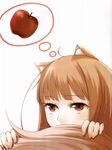  ahoge animal_ears apple brown_hair fingers food fruit highres holo horo red_eyes spice_and_wolf tail 