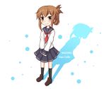  brown_eyes brown_hair character_name copyright_name folded_ponytail glance1109 inazuma_(kantai_collection) kantai_collection looking_at_viewer pleated_skirt school_uniform serafuku shadow skirt smile solo v_arms 