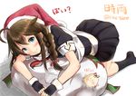  :3 ahoge black_gloves blue_eyes blush braid brown_hair character_name fingerless_gloves flower gloves hair_flaps hair_ornament hair_over_shoulder hair_ribbon hat ichikawa_feesu kantai_collection kneehighs long_hair looking_at_viewer pleated_skirt ribbon sack santa_hat scarf school_uniform serafuku shigure_(kantai_collection) single_braid skirt smile solo the_yuudachi-like_creature translated 