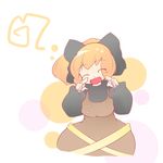  blonde_hair bow closed_eyes dress hair_bow hiyori_(higanahannnti) kurodani_yamame open_mouth pointing pointing_at_self ribbon short_hair smile solo touhou 