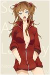  blue_eyes highres jacket long_hair naked_track_jacket neon_genesis_evangelion no_bra no_pants open_clothes open_jacket simple_background solo souryuu_asuka_langley track_jacket 