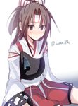  blush brown_eyes brown_hair headband japanese_clothes kamanatsu kantai_collection long_hair looking_at_viewer muneate shorts sketch solo twitter_username zuihou_(kantai_collection) 