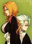  1girl back-to-back bleach blue_eyes breasts cleavage from_side green_eyes highres hitsugaya_toushirou jewelry large_breasts long_hair matsumoto_rangiku nadame_(ume645) necklace orange_hair short_hair white_hair 