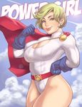  bad_id bad_pixiv_id belt blonde_hair blue_eyes blue_gloves breasts cape character_name cleavage cleavage_cutout curvy dc_comics eyebrows eyelashes gloves large_breasts lens_flare leotard lips maou_alba nose power_girl short_hair smile solo superhero thick_thighs thighs 