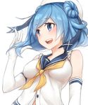  black_ribbon blue_eyes blue_hair breasts double_bun elbow_gloves eyebrows_visible_through_hair gloves hat kantai_collection large_breasts long_hair looking_away neckerchief parted_lips ribbon short_hair sleeves_rolled_up smile teeth uniform upper_body urakaze_(kantai_collection) white_hat yellow_neckwear yilan 