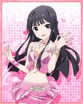  :d artist_request black_hair blue_eyes bracelet bustier half_updo heart idolmaster idolmaster_million_live! jewelry long_hair looking_at_viewer midriff mogami_shizuka navel necklace official_art open_mouth pink_background skirt smile solo vest 