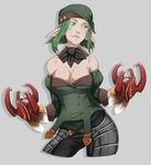  bandana breasts claw_(weapon) cleavage contrapposto cowboy_shot cropped_legs detached_collar detached_sleeves dual_wielding elezen elf facial_tattoo faulds final_fantasy final_fantasy_xiv green_eyes green_hair headband heterochromia holding large_breasts pointy_ears purple_eyes short_hair solo standing strapless tattoo weapon whistle_frog 