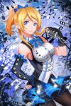  asymmetrical_gloves ayase_eli black_legwear blonde_hair blue_eyes breasts detached_sleeves gloves hand_on_hip highres looking_at_viewer love_live! love_live!_school_idol_project medium_breasts microphone_stand musical_note ponytail skirt sleeveless smile solo xiaoshou_xiansheng 
