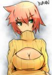 breasts cleavage cleavage_cutout green_eyes large_breasts meme_attire norman_maggot open-chest_sweater original ribbed_sweater short_hair solo sweater 