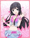  :d artist_request black_hair blue_eyes bracelet bustier half_updo heart idolmaster idolmaster_million_live! jewelry long_hair looking_at_viewer midriff million_dreams mogami_shizuka navel necklace official_art open_mouth skirt smile solo vest 