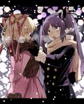  ^_^ adjusting_another's_clothes adjusting_scarf arms_behind_back black_gloves blonde_hair bow closed_eyes coat dressing_another gloves hair_bow hair_ribbon kamikita_komari little_busters! long_hair multiple_girls open_mouth purple_eyes purple_hair ribbon sasasegawa_sasami scarf smile steam takumi_(scya) winter_clothes winter_coat 