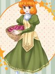  74 :d basket blush bowl brown_eyes dress fire_emblem fire_emblem:_seisen_no_keifu food green_dress happy lana_(fire_emblem) open_mouth orange_hair short_hair simple_background smile solo standing star striped striped_background tabard turnip vertical-striped_background vertical_stripes 