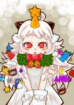  absurdres ahoge chixida christmas christmas_ornaments christmas_tree_costume dress failure_penguin hair_ornament highres horns kantai_collection long_hair looking_at_viewer miss_cloud mittens northern_ocean_hime open_mouth pale_skin red_eyes shinkaisei-kan silver_hair solo v_arms white_dress 
