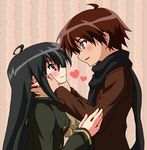  1girl ahoge black_hair blue_eyes blush brown_eyes brown_hair coat couple gacchi_(supergatchi) heart hetero long_hair sakai_yuuji scarf shakugan_no_shana shana short_hair 