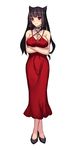  absurdres animal_ears black_hair blush breasts cat_ears crossed_arms crossed_legs dress full_body high_heels highres jewelry large_breasts long_hair million_arthur_(series) necklace no_bra pearl_necklace red_dress red_eyes smile solo standing weiyinji_xsk white_background 