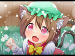  animal_ears blush bow brown_hair cat_ears cat_tail chen dress fang flower hat highres letterboxed long_sleeves makuran mob_cap multiple_tails nekomata open_mouth paw_pose pink_eyes red_dress shirt smile snowing solo tail touhou 