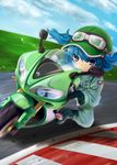  blue_eyes blue_hair boots gloves ground_vehicle hair_bobbles hair_ornament hat highres kawasaki kawashiro_nitori motor_vehicle motorcycle racing racing_suit riding ryuu_(multitask) short_hair solo touhou two_side_up yamaha_yzf-r1 