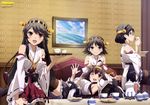  :d ;d absurdres ahoge armpits asymmetrical_bangs bangs bare_shoulders black_hair brown_eyes brown_hair cookie couch cup detached_sleeves drinking food glasses grey_eyes grin hair_bun hair_ornament hairclip hakama_skirt haruna_(kantai_collection) headgear hiei_(kantai_collection) highres indoors kantai_collection kirishima_(kantai_collection) kongou_(kantai_collection) lap_pillow long_hair looking_at_viewer looking_back maeda_kyousuke multiple_girls newtype nontraditional_miko official_art one_eye_closed open_mouth pantyhose picture_(object) pleated_skirt purple_eyes reclining sash short_hair sitting skirt smile tea teacup teapot thighhighs tray wainscoting waving wide_sleeves 