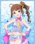  :d ahoge artist_request bracelet brown_hair character_name cuff_links hands_on_hips head_tilt idolmaster idolmaster_million_live! jewelry looking_at_viewer million_dreams necktie official_art open_mouth purple_eyes side_ponytail skirt smile solo yokoyama_nao 