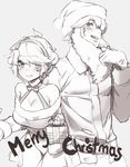  1girl breasts christmas cleavage fake_beard fake_facial_hair hat highres large_breasts monochrome naso4 santa_hat short_hair sketch 