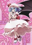  bat_wings blue_hair brooch dress fang hat hat_ribbon jewelry lunamoon mary_janes pink_dress puffy_short_sleeves puffy_sleeves red_eyes remilia_scarlet ribbon sash shoes short_sleeves smile solo touhou wings wrist_cuffs 