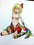  alternate_costume alternate_wings bare_shoulders blonde_hair commentary_request flandre_scarlet full_body hair_between_eyes hair_ribbon mechanical_wings osome_tei red_eyes ribbon short_hair side_ponytail sitting smile solo touhou traditional_media wariza wings 