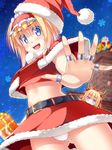  :d alice_margatroid anni_minto ass_visible_through_thighs bad_anatomy belt blonde_hair blue_eyes blush foreshortening hairband hands hat highres matching_shanghai midriff open_mouth panties pantyshot pantyshot_(standing) santa_costume santa_hat shanghai_doll smile standing sweatdrop touhou underwear white_panties 