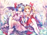  arm_ribbon ascot bat_wings bed blonde_hair blue_hair brooch bunny canopy_bed dress fang flandre_scarlet garters hat hat_ornament hat_ribbon holding_hands jewelry mob_cap multiple_girls on_bed open_mouth pink_dress puffy_short_sleeves puffy_sleeves red_dress red_eyes remilia_scarlet ribbon riichu sash short_sleeves siblings sisters sitting smile socks thighhighs touhou white_legwear wings wrist_cuffs zettai_ryouiki 