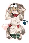  animal_costume blonde_hair blue_eyes blush dog_costume embarrassed girls_und_panzer green_legwear katyusha looking_at_viewer pajamas paw_print paw_shoes shoes short_hair solo striped striped_legwear sunameri_oishii sweatdrop thighhighs 