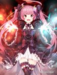 :d ahoge ange_vierge bow brown_eyes dress frilled_dress frills gothic_lolita hair_bow hair_ornament hair_ribbon highres horns lolita_fashion long_hair looking_at_viewer official_art open_mouth pink_hair ribbon sakuragi_ren smile solo sophina twintails 