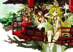  animal_ears arm_up bare_shoulders barefoot blonde_hair brown_hair building fang floating fox_ears fox_tail full_body ghost green_eyes grin hair_ornament hand_in_hair leaf long_hair looking_at_viewer mouse multiple_girls multiple_tails original plant pout sasurai_susuki sitting sleeveless smile tail toes tooth tree very_long_hair wavy_mouth 