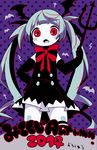  2014 :o alternate_costume bangs bat bat_wings black_gloves blue_hair blunt_bangs blush_stickers buttons cross dress elbow_gloves fang gloves hatsune_miku head_wings long_hair maako_(yuuyake.) neck_ribbon pitchfork polka_dot polka_dot_background purple_background red_eyes ribbon solo striped striped_ribbon text_focus thighhighs twintails v-shaped_eyebrows very_long_hair vocaloid wings 