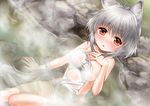  :o animal_ears blush breasts covering grey_hair inubashiri_momiji kei_kei large_breasts looking_at_viewer nude_cover onsen partially_submerged red_eyes short_hair sitting solo tail touhou towel water wolf_ears wolf_tail 