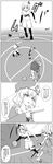  arm_warmers bare_shoulders basketball basketball_uniform bow clenched_hand closed_fan comic face fan folding_fan greyscale hair_bow hair_ornament hairband highres konpaku_youmu leaning_forward legs_apart monochrome moriya_suwako multiple_girls open_hand parted_lips rumia running saigyouji_yuyuko seren_(staphy) shorts sleeveless speech_bubble sportswear standing talking touhou translation_request triangular_headpiece wristband yasaka_kanako 