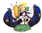  1girl brown_hair cape cityscape control_rod dress hand_on_hip hat night night_sky railroad_tracks red_eyes reiuji_utsuho simple_background sky sparks team_fortress_2 third_eye top_hat touhou triple-q white_background wings 