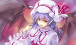  ascot bat_wings blood blue_hair capelet curiosities_of_lotus_asia dress fangs hat hat_ribbon kiyama_satoshi long_sleeves looking_at_viewer open_mouth pointy_ears red_eyes remilia_scarlet ribbon saliva saliva_trail smile solo touhou upper_body white_dress wings 