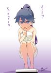  bathroom_scale black_eyes black_hair highres houshou_(kantai_collection) imu_sanjo kantai_collection long_hair naked_towel ponytail smile solo squatting sweat towel translated weighing_scale weight_conscious 