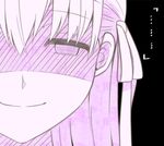  1girl black_background close-up comic commentary fate/stay_night fate_(series) hatching_(texture) matou_sakura monochrome shaded_face simple_background smile tsukumo 