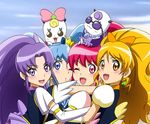  aino_megumi blonde_hair blue_eyes blue_hair blush bow creature cure_fortune cure_honey cure_lovely cure_princess earrings fuchi_(nightmare) gurasan_(happinesscharge_precure!) hair_bow happinesscharge_precure! hikawa_iona hug jewelry long_hair magical_girl multiple_girls oomori_yuuko pink_bow pink_eyes pink_hair ponytail precure purple_eyes purple_hair ribbon_(happinesscharge_precure!) shirayuki_hime twintails wide_ponytail yellow_eyes 