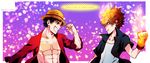  2boys crossover hat headphones katekyo_hitman_reborn! long_sleeves monkey_d_luffy multiple_boys one_piece open_shirt red_shirt sawada_tsunayoshi scar shirt smile straw_hat 