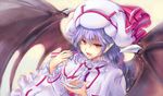  ascot bat_wings blue_hair capelet chopsticks curiosities_of_lotus_asia dress eating food food_on_face hat hat_ribbon kiyama_satoshi long_sleeves looking_at_viewer nattou open_mouth pointy_ears red_eyes remilia_scarlet ribbon smile solo touhou upper_body white_dress wings 