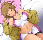  bike_shorts blue_eyes blush breasts brown_hair cleavage gundam gundam_build_fighters gundam_build_fighters_try hoshino_fumina jacket large_breasts looking_at_viewer lying midriff nac000 navel open_clothes open_jacket open_mouth ponytail scrunchie shiny shiny_skin short_hair skin_tight solo sports_bra thigh_gap thighs wide_hips 