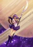  back_bow bishoujo_senshi_sailor_moon boots bow brooch brown_bow cross-laced_footwear elbow_gloves expressionless full_body gloves highres holding holding_spear holding_weapon imirpz jewelry knee_boots lace-up_boots magical_girl object_namesake planet polearm purple_eyes purple_footwear purple_hair purple_sailor_collar ribbon sailor_collar sailor_saturn sailor_senshi_uniform saturn short_hair signature silence_glaive solo spear tiara tomoe_hotaru weapon white_gloves 