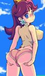 1girl animated animated_gif ass blue_eyes blush breasts brown_hair crown female huge_ass large_breasts looking_at_viewer looking_back lowres mario_(series) princess_daisy red9_(isktmz) solo super_mario_bros. super_mario_land 
